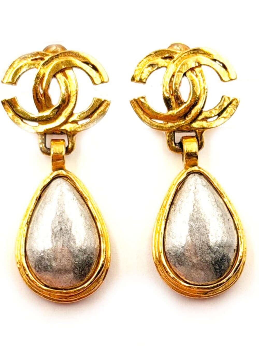 Chanel Vintage Gold Plated CC Silver Stone Tear Drop Dangle Clip on Earrings